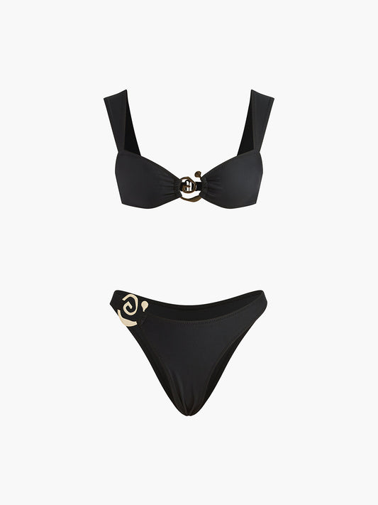 Altın Spiral Bikini Takımı Siyah Metal Detaylı