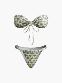 Baskılı Straplez Bikini Takımı Yeşil Ekru Geometrik Desen