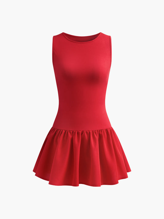 Pileli Panelli Kolsuz Kısa Elbise Kırmızı Bisiklet Yaka