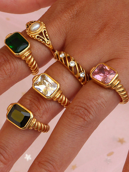 Spiral Paslanmaz Taşlı Yüzük Titanyum Çelik Ziron Taşlı