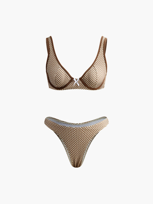 Ekose Bikini Takımı Açık Kahverengi Çıkarılabilir Pedli