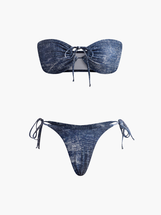 Vintage Straplez Bikini Takımı Lacivert Çıkarılabilir Pedli