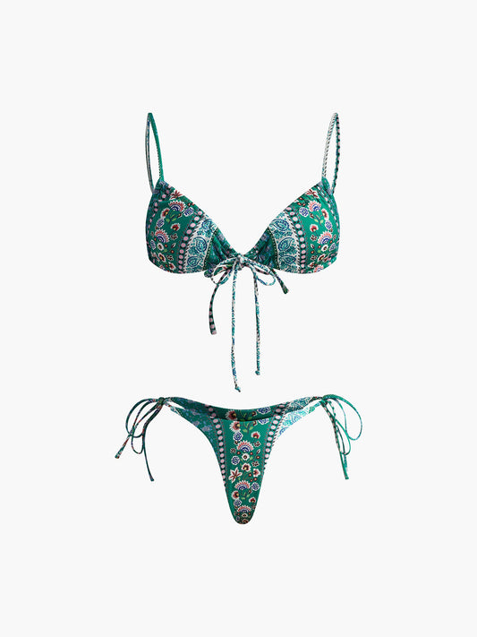 Çiçekli Önden Bağlamalı Bikini Takımı Yeşil Çıkarılabilir Pedli