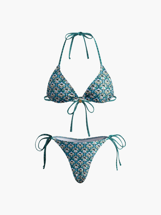 Baskılı Dantelli Bikini Takımı Yeşil Halter Yaka