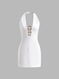 Halter Yaka Sırtı Açık Kısa Elbise Beyaz Slim Fit