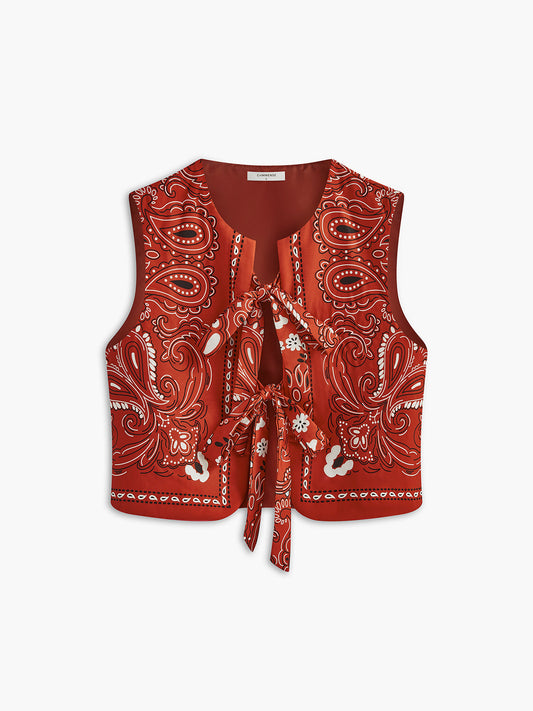Paisley Baskılı Kravat Önlü Yelek Bordo V Yaka