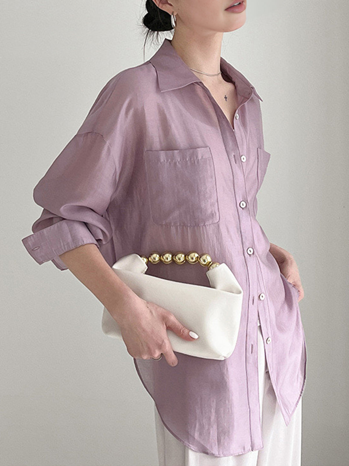 Dökümlü İnce Gömlek Uzun Kol Mor Yarı Şeffaf