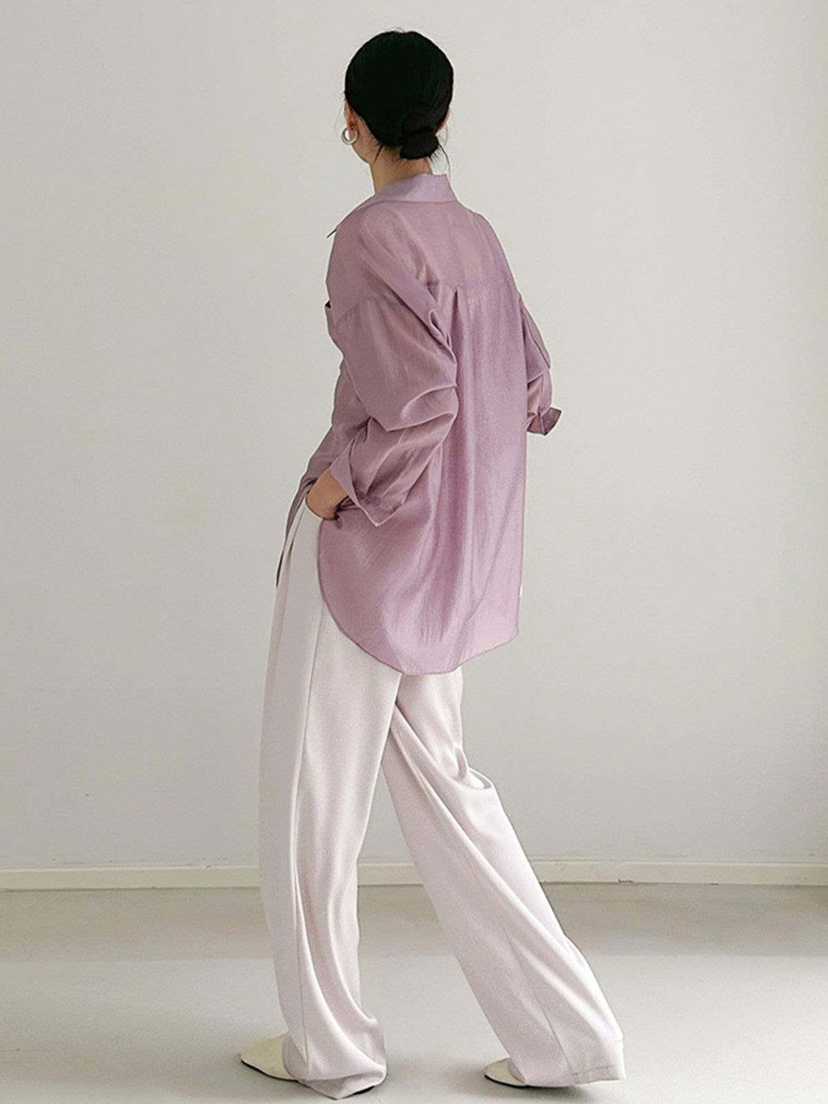 Dökümlü İnce Gömlek Uzun Kol Mor Yarı Şeffaf