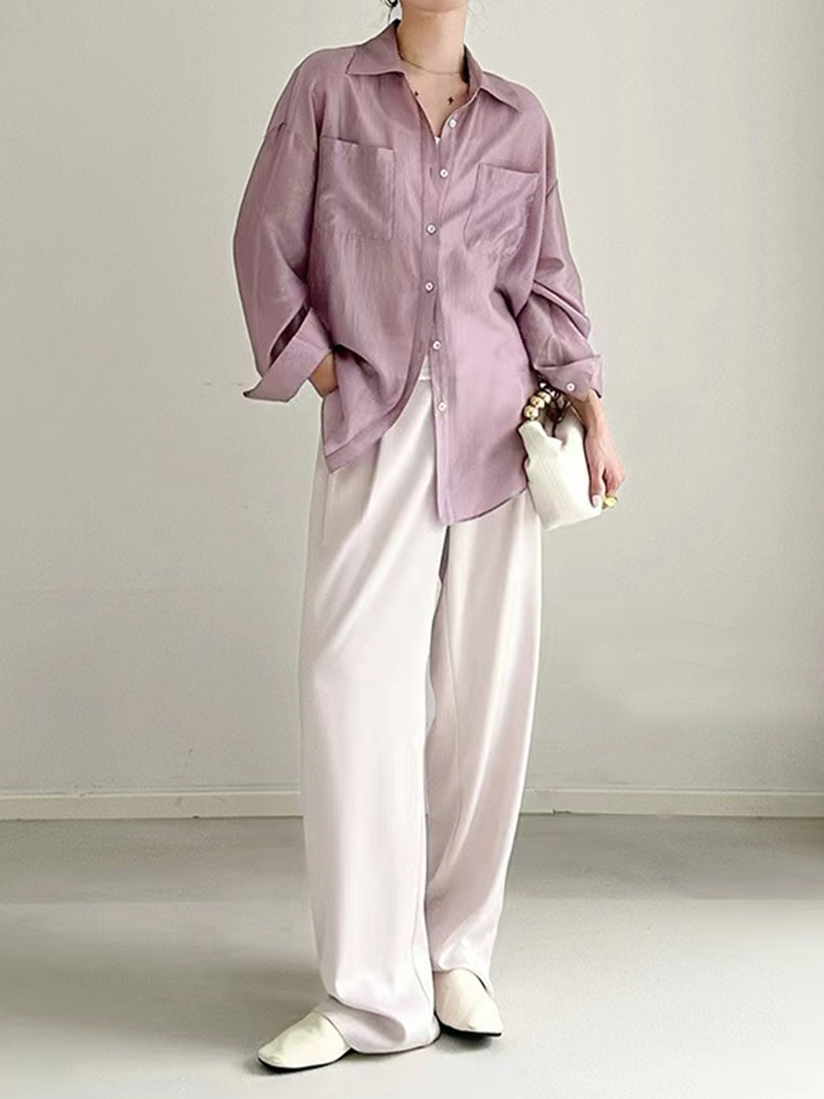 Dökümlü İnce Gömlek Uzun Kol Mor Yarı Şeffaf