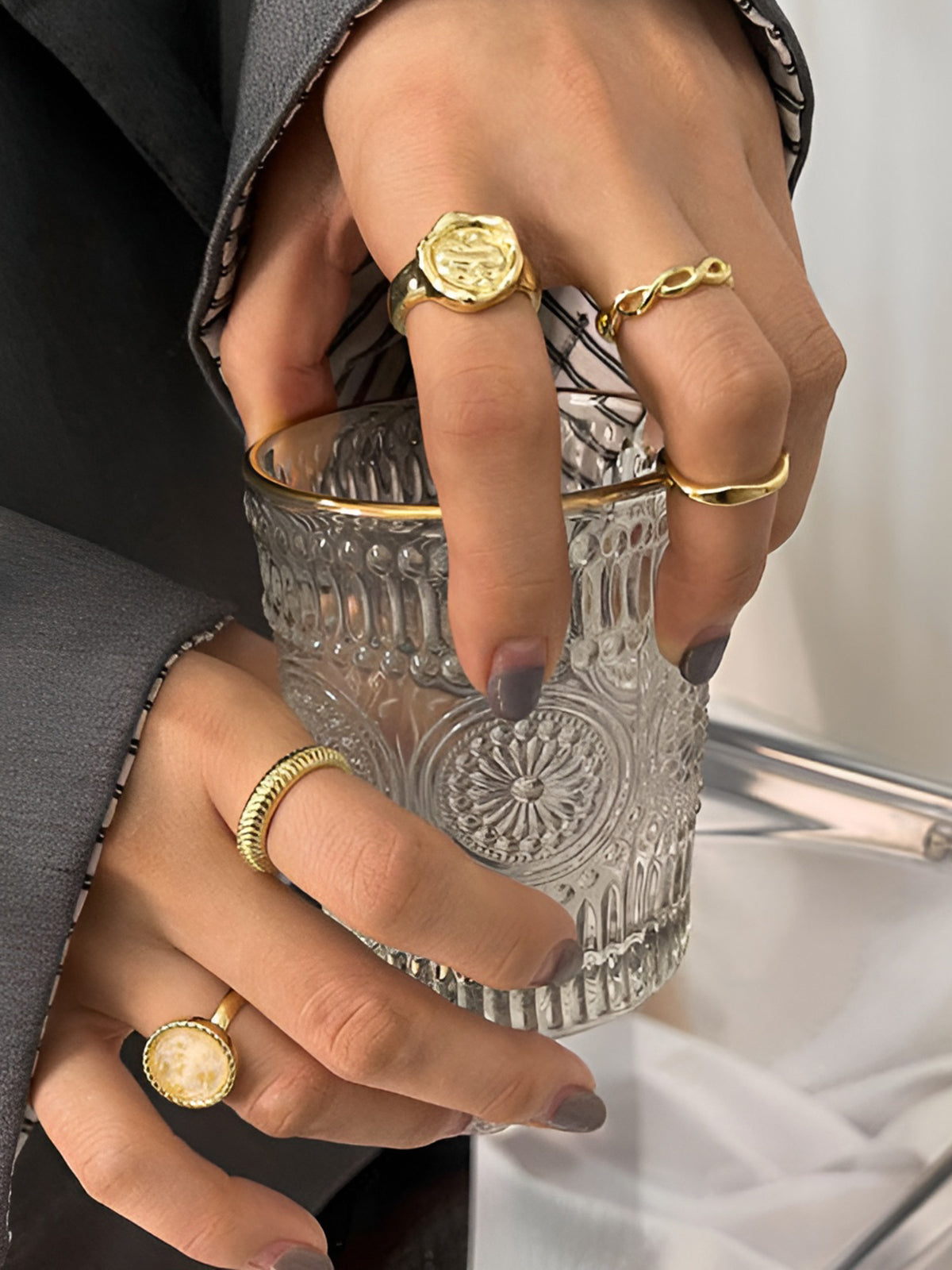 5 Adet Altın Çember Yüzük Seti Elegant