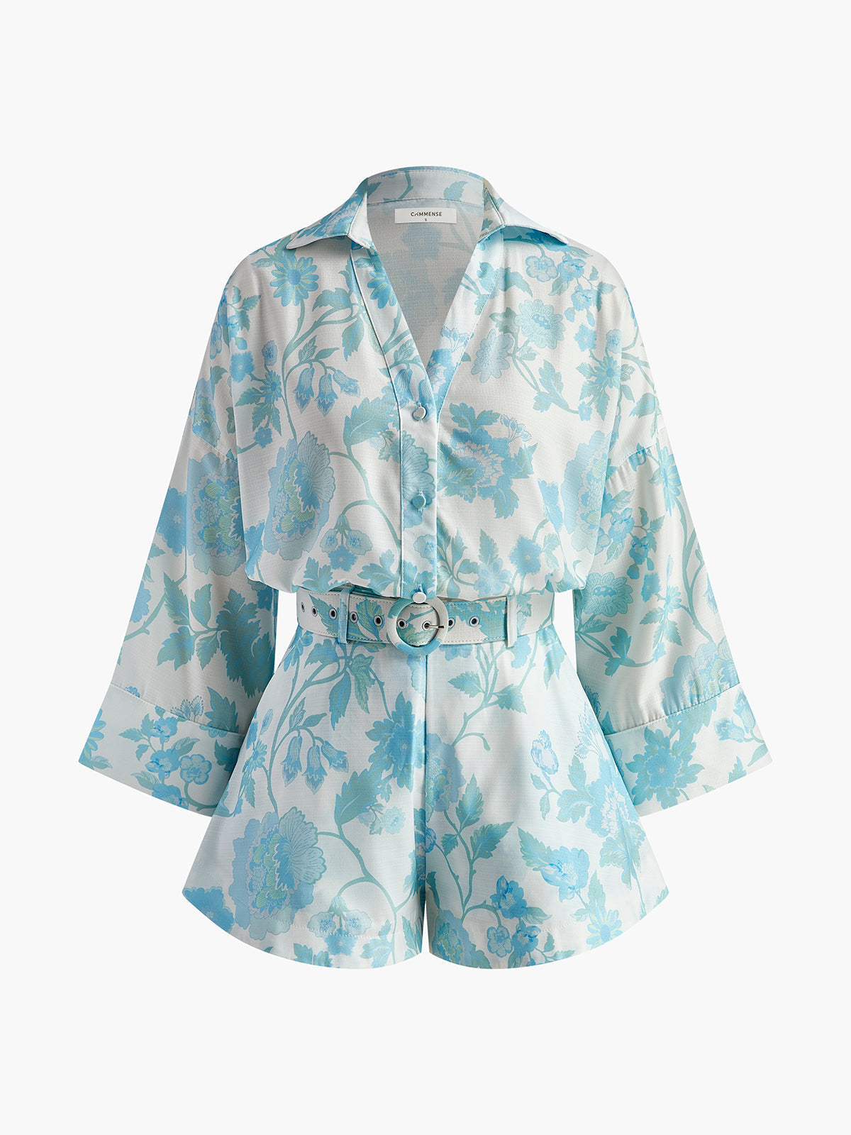 Çiçek Desenli Kemerli Şort Takımı Mavi V Yaka