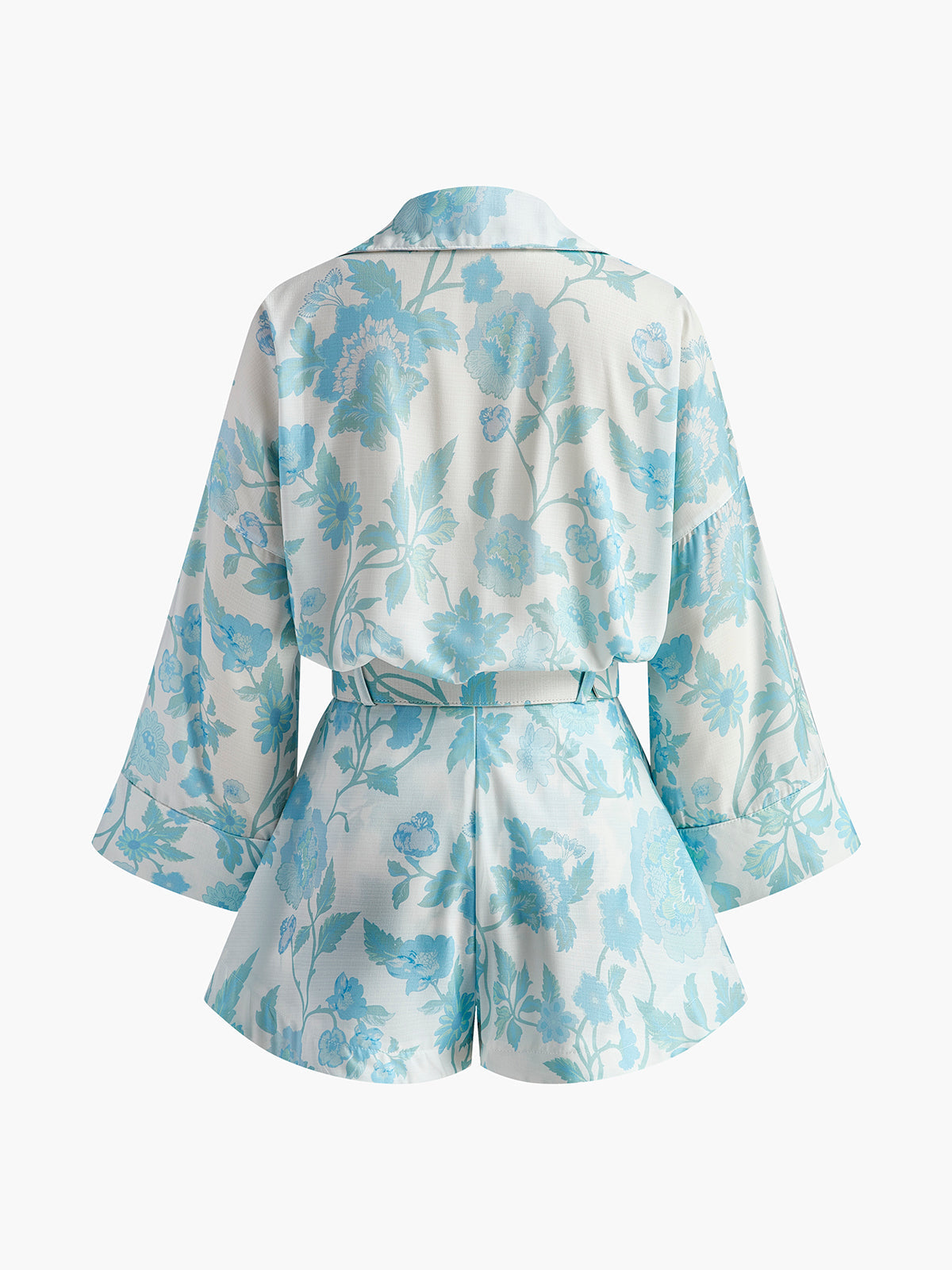 Çiçek Desenli Kemerli Şort Takımı Mavi V Yaka