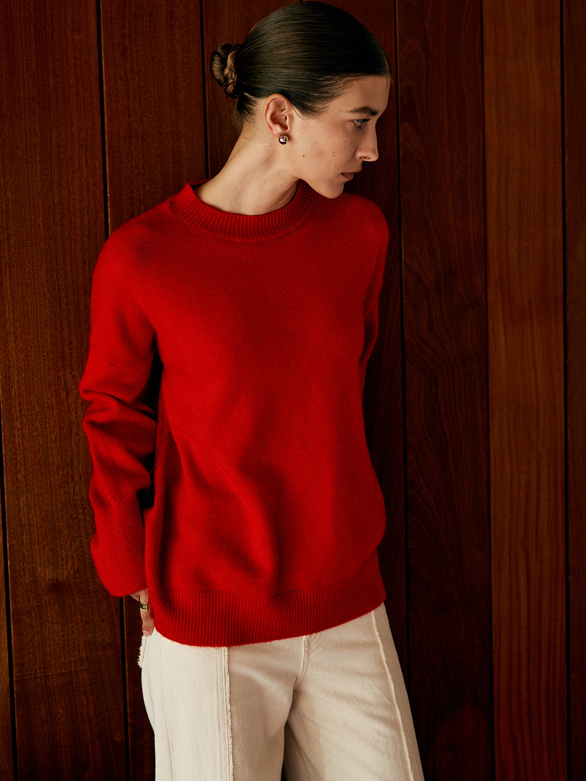 Minimalist Triko Kazak Kırmızı Uzun Kol Bisiklet Yaka