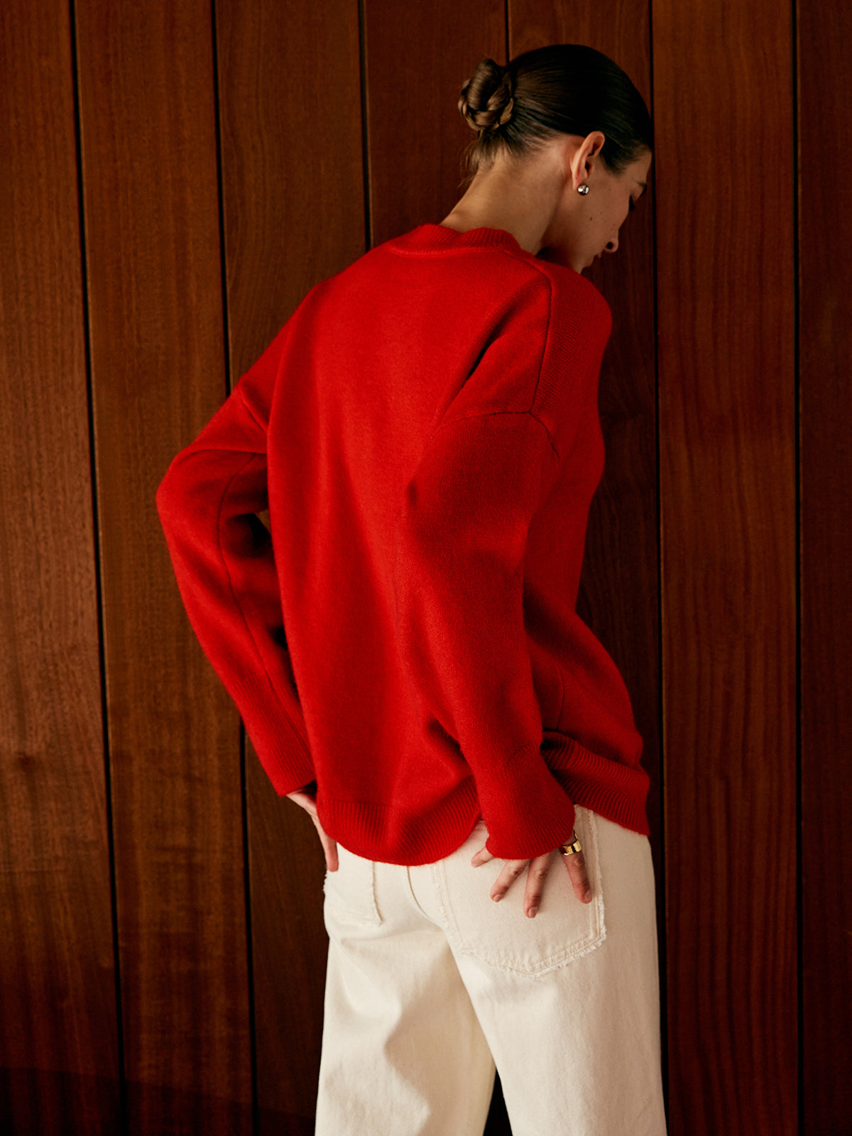 Minimalist Triko Kazak Kırmızı Uzun Kol Bisiklet Yaka