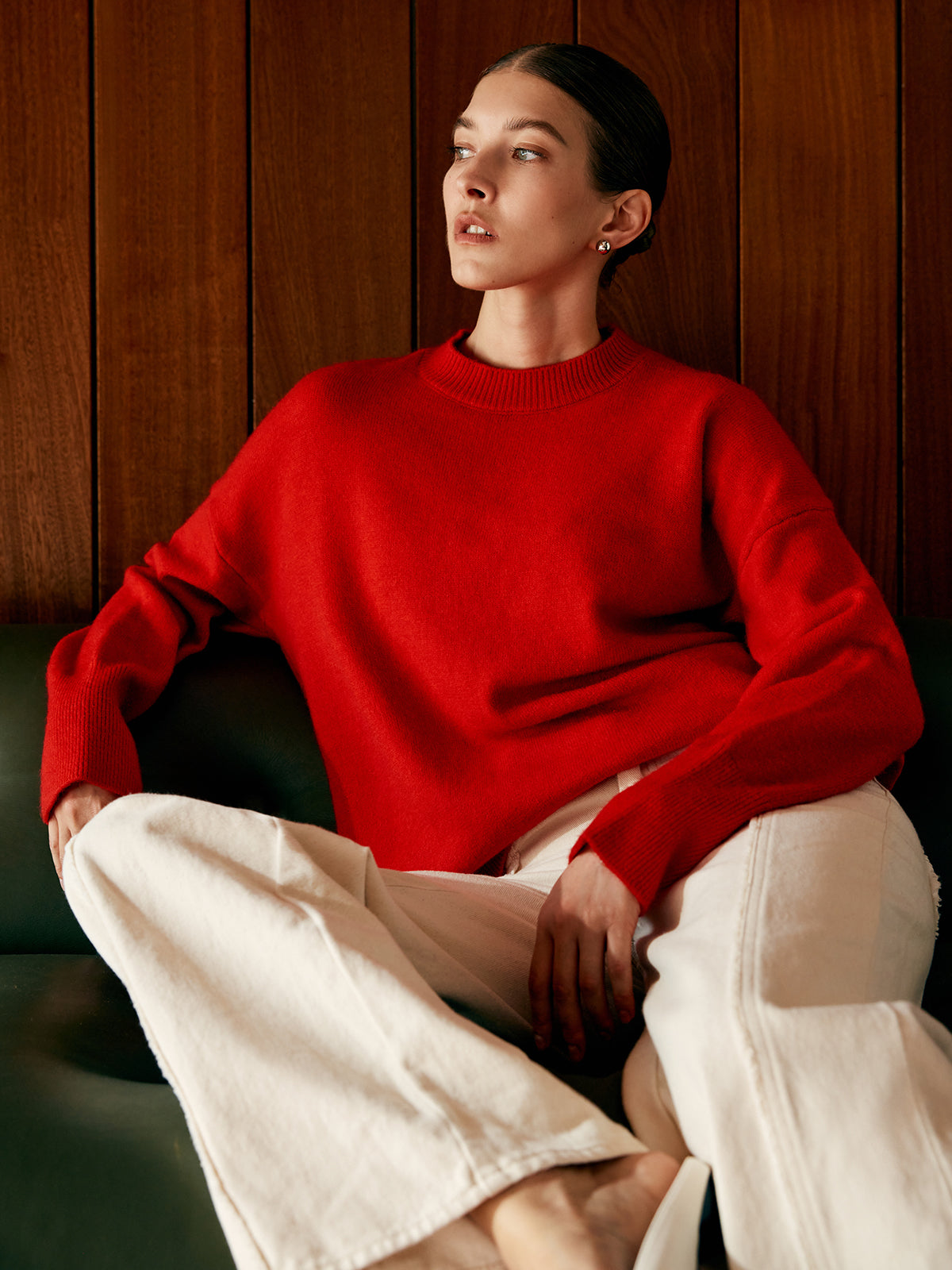 Minimalist Triko Kazak Kırmızı Uzun Kol Bisiklet Yaka