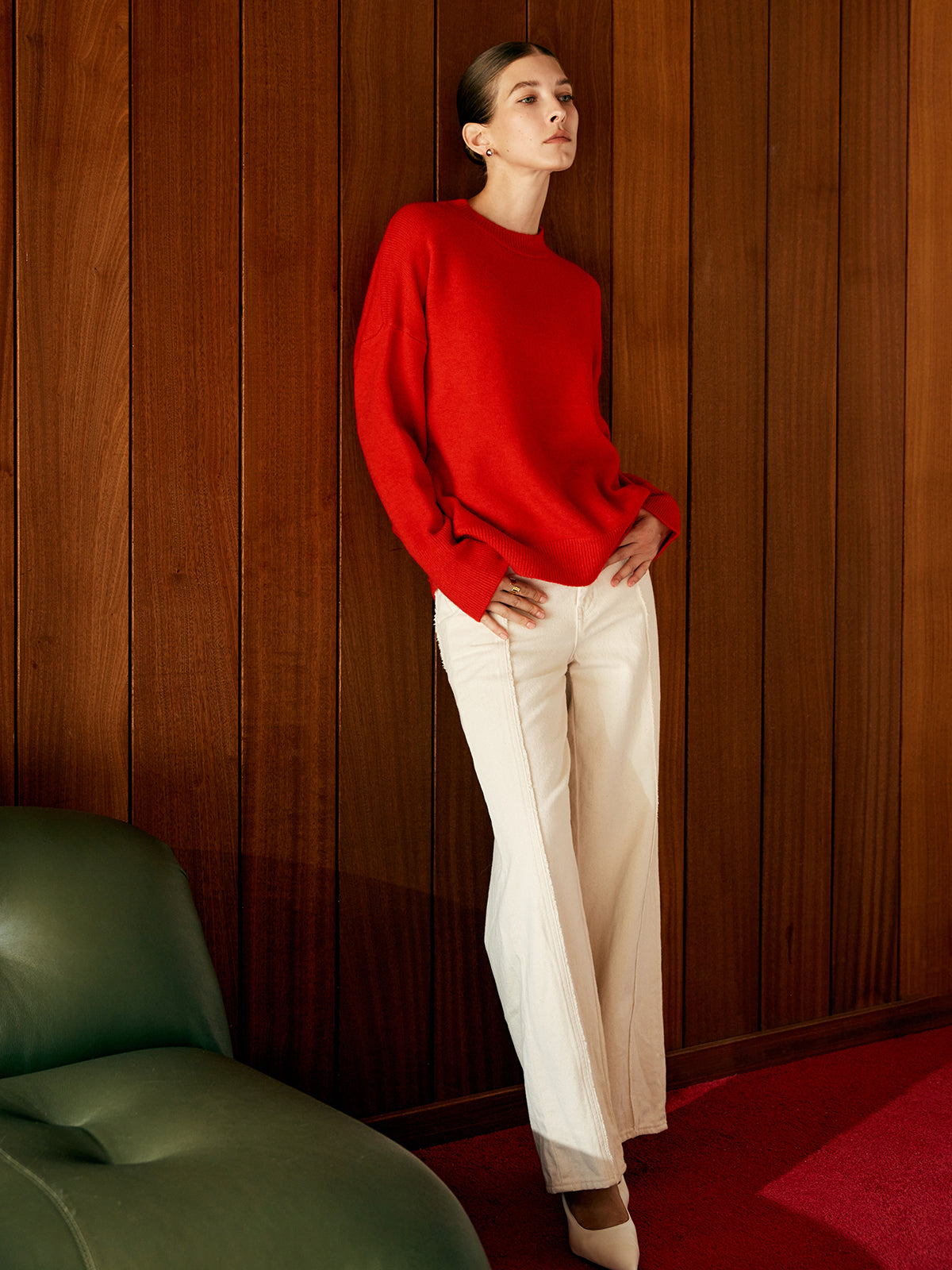 Minimalist Triko Kazak Kırmızı Uzun Kol Bisiklet Yaka