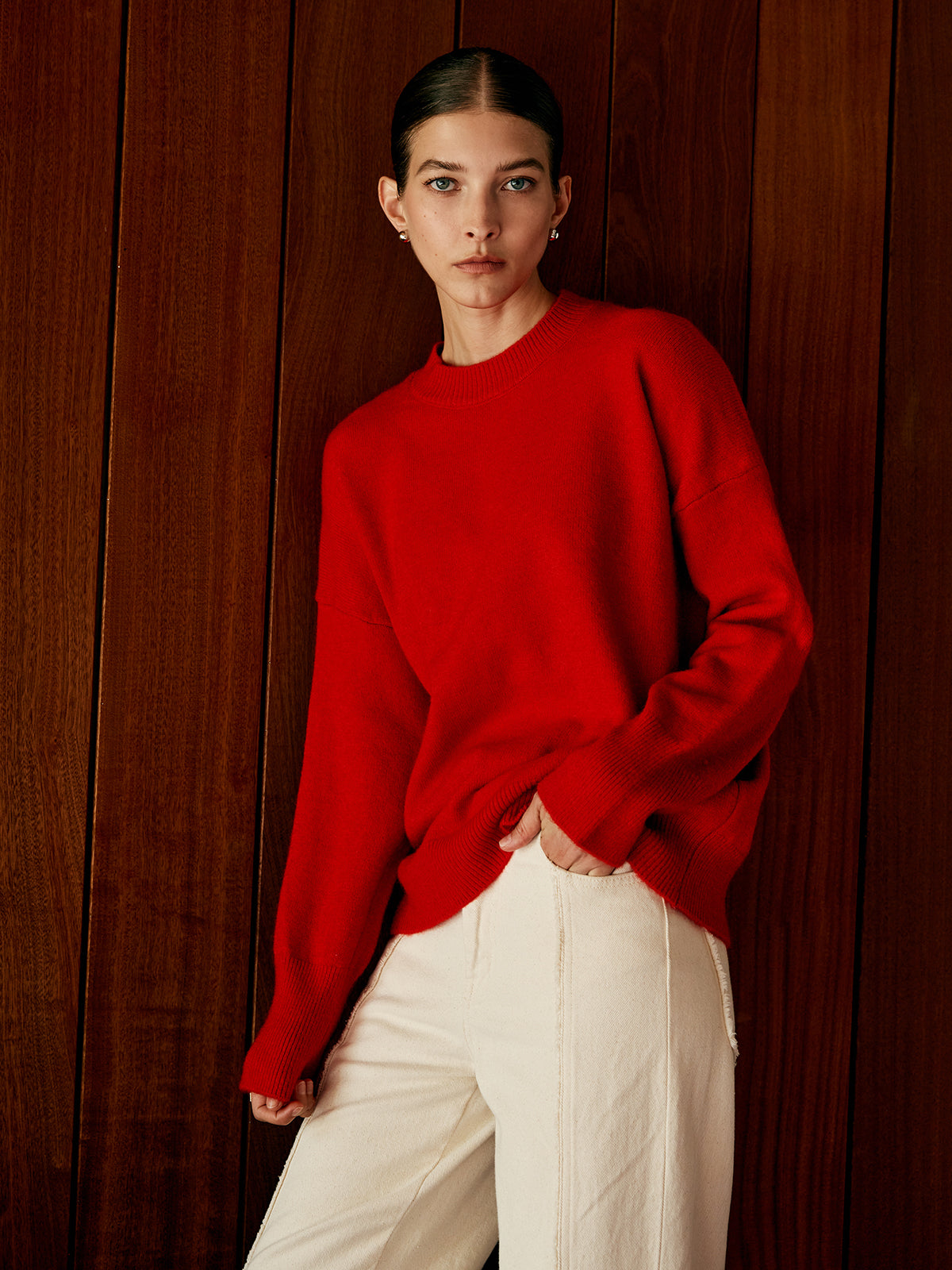 Minimalist Triko Kazak Kırmızı Uzun Kol Bisiklet Yaka