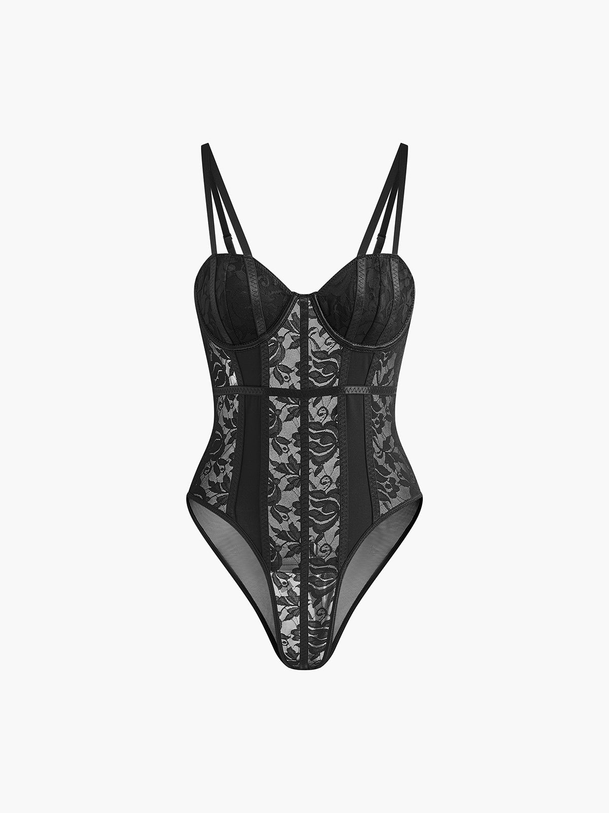 Dantel Kalp Yaka Korsaj Bodysuit Siyah Şeffaf