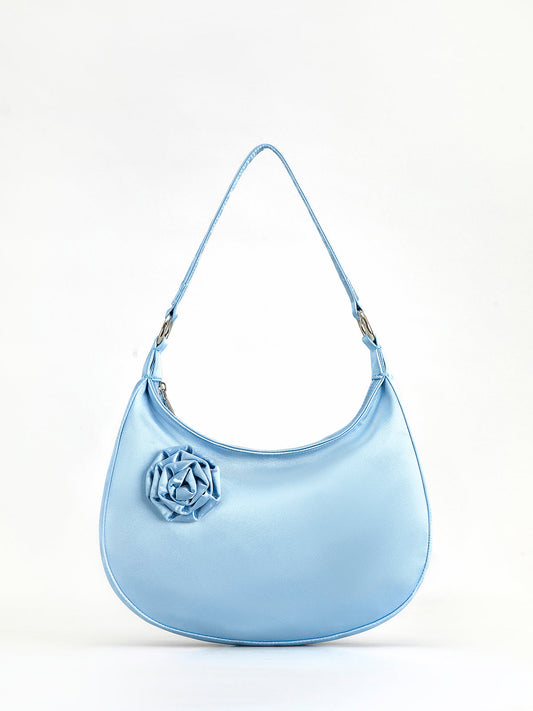 3D Çiçek Fermuarlı Hilal Çanta Açık Mavi