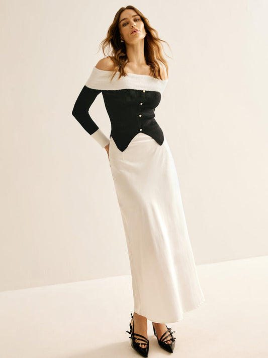 Tek Omuz Renk Bloklu Triko Üst Beyaz Yeşil