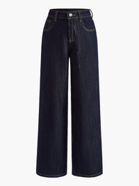Vintage Bol Paça Denim Pantolon Lacivert Orta Bel