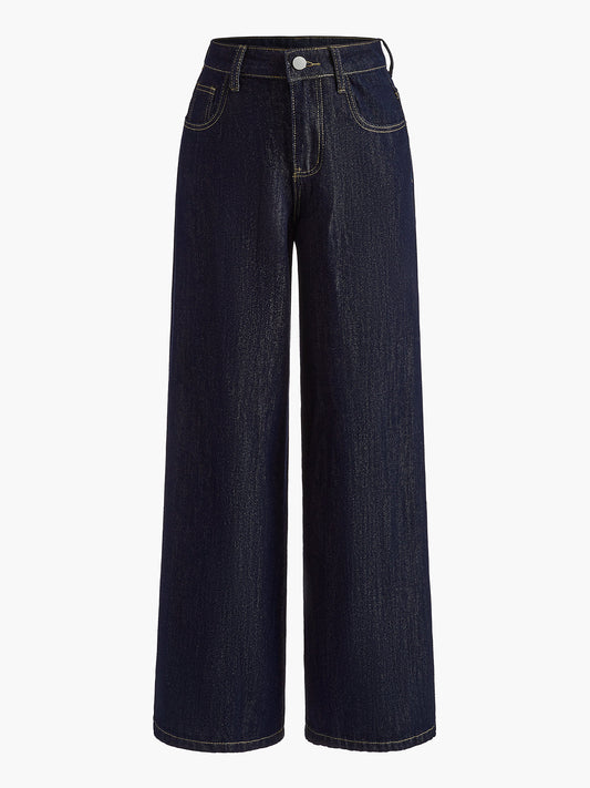 Vintage Bol Paça Denim Pantolon Lacivert Orta Bel