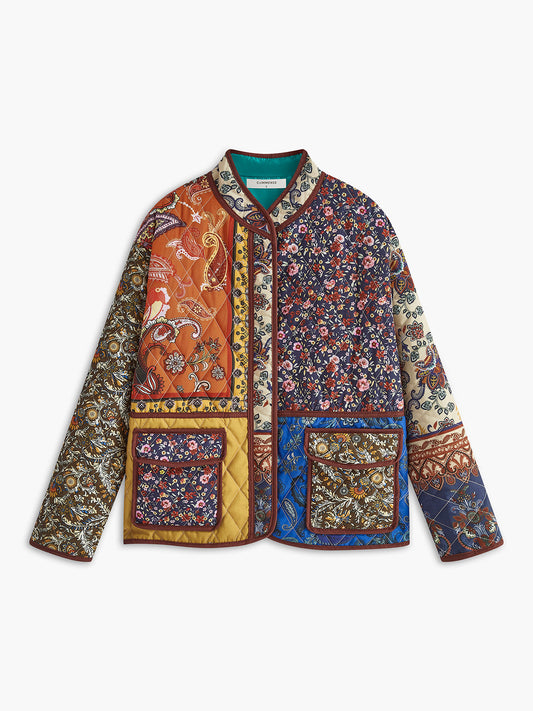 Patchwork Baskılı Uzun Kol Ceket Çok Renkli Oversize