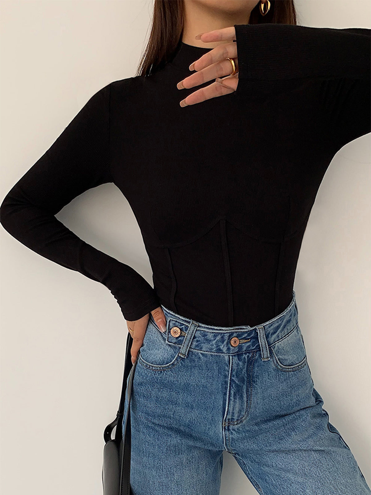 Balıkçı Yaka Nervürlü Bluz Uzun Kol Slim Fit