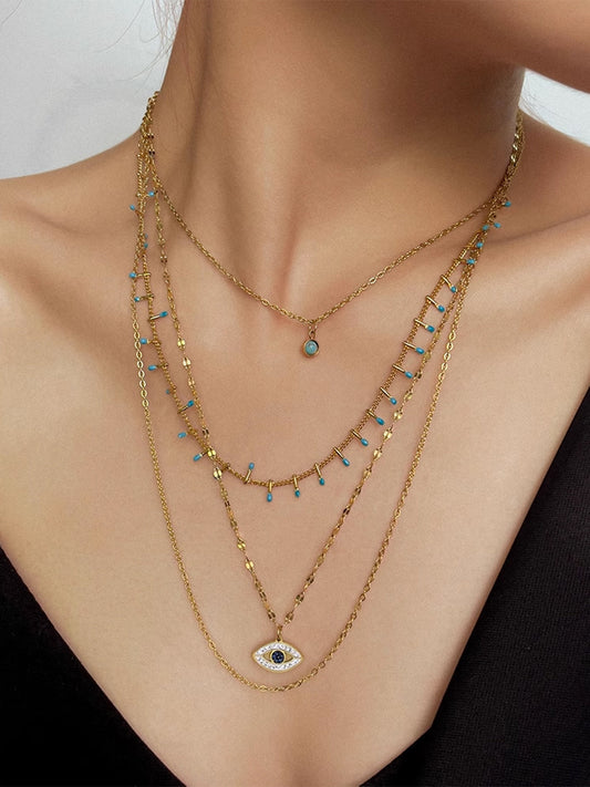 Çok Katmanlı Rhinestone Nazar Boncuğu Kolye Altın Titanyum Çelik