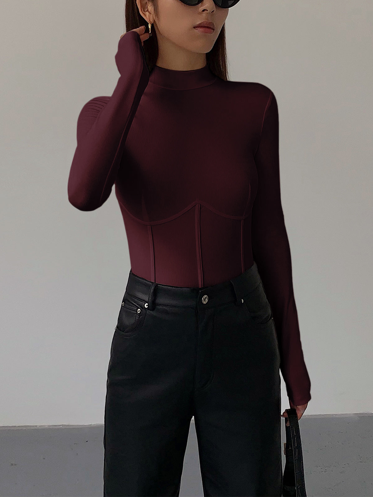 Balıkçı Yaka Nervürlü Bluz Uzun Kol Slim Fit