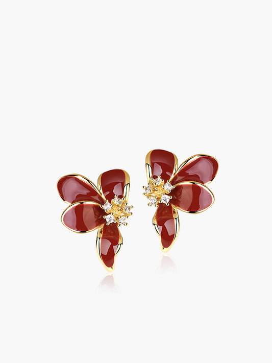Vintage Kristal Çiçekli Küpe Bordo Rhinestone Detaylı
