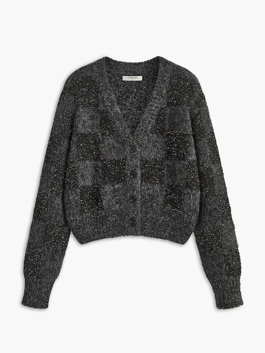 Geometrik Desenli Payetli Triko Hırka Gri Uzun Kollu