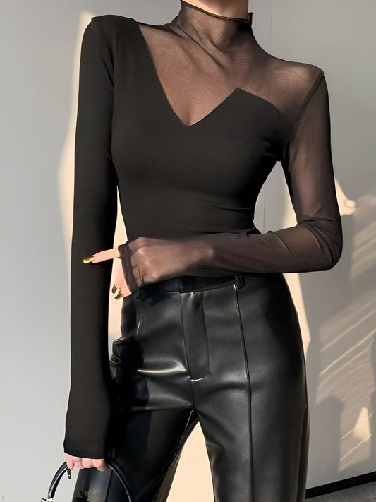 Asimetrik Ağ Panelli Uzun Kollu Üst Siyah Şeffaf Detaylı