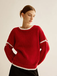 Kruvaze Yaka Kontrast Kenar Sweatshirt Kırmızı Örme