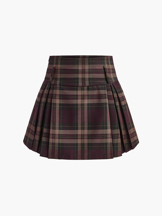 Fermuarlı Ekose Mini Etek Bordo Pilili