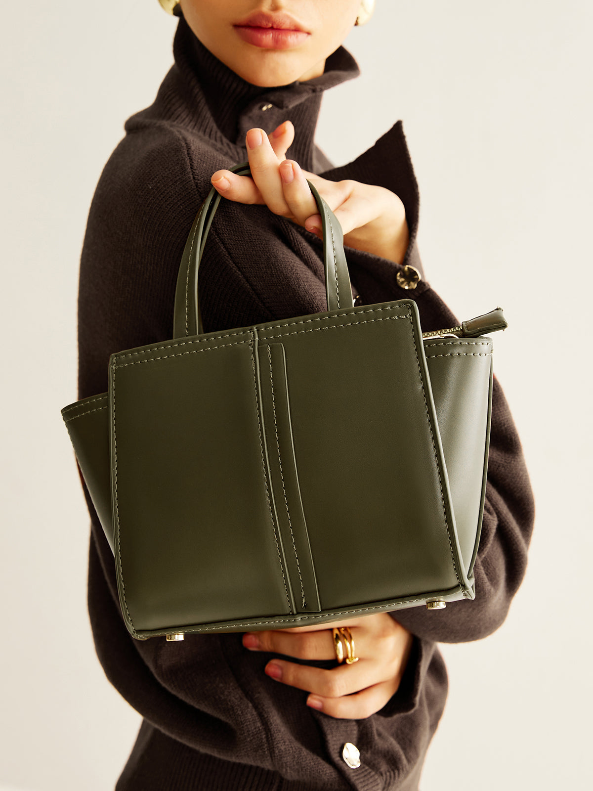 Vintage İki Yönlü Fermuarlı Çanta Haki Suni Deri