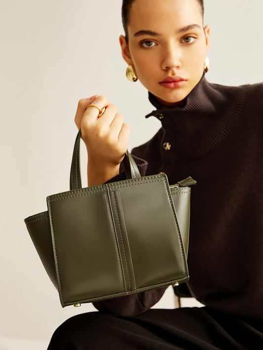 Vintage İki Yönlü Fermuarlı Çanta Haki Suni Deri