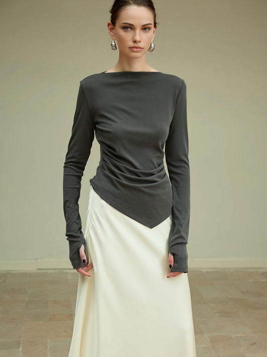 Asimetrik İnce Jarse Bluz Uzun Kol Gri Plise Detay