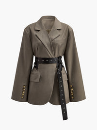 Kemerli Retro Düğmeli Blazer Koyu Kahverengi Uzun Kol