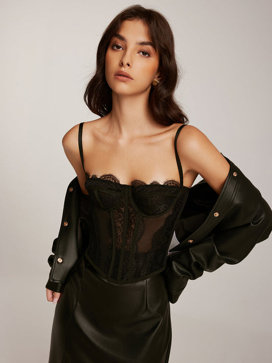 Askılı Dantel Korse Kalp Yaka Siyah