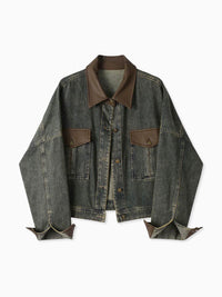 Vintage Kontrast Süslü Yaka Denim Ceket Koyu Kahverengi Uzun Kol