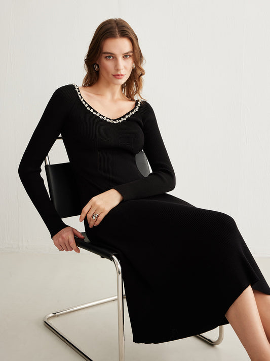 Stras Taşlı Triko Midi Elbise Siyah V Yaka