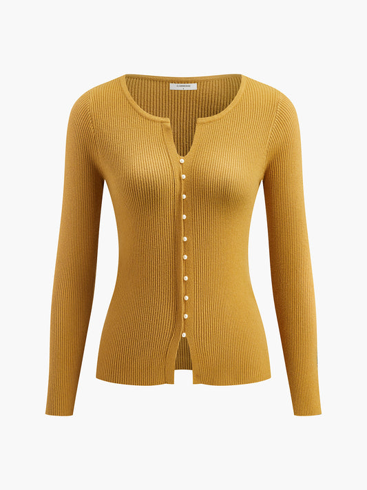 İncili Kesik Hırka Hardal Rengi Örgü Triko