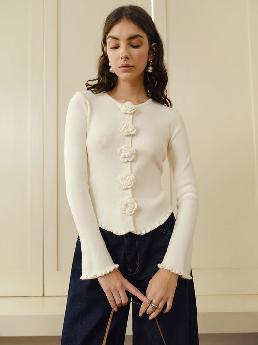 3D Çiçekli Volanlı Hırka Kayısı Rengi Triko