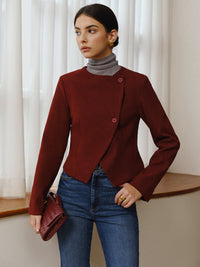 Asimetrik Yaka Kısa Blazer Bordo Düğmeli