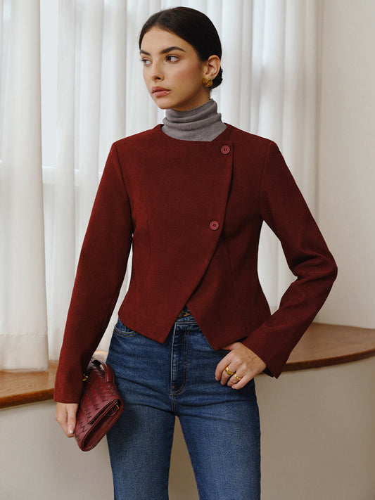 Asimetrik Yaka Kısa Blazer Bordo Düğmeli
