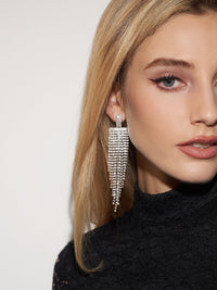 Geniş Şelale Düz İpli Küpeler Gümüş Rhinestone Detaylı