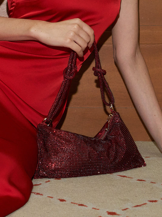Swarovski Taşlı Koltuk Altı Çantası Bordo Rhinestone Detaylı