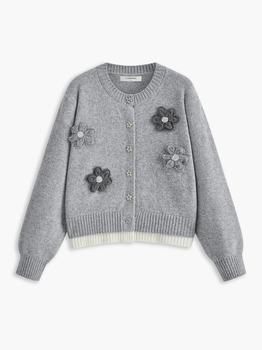 3D Çiçek Detaylı Kadife Hırka Gri Kontrast Kenar