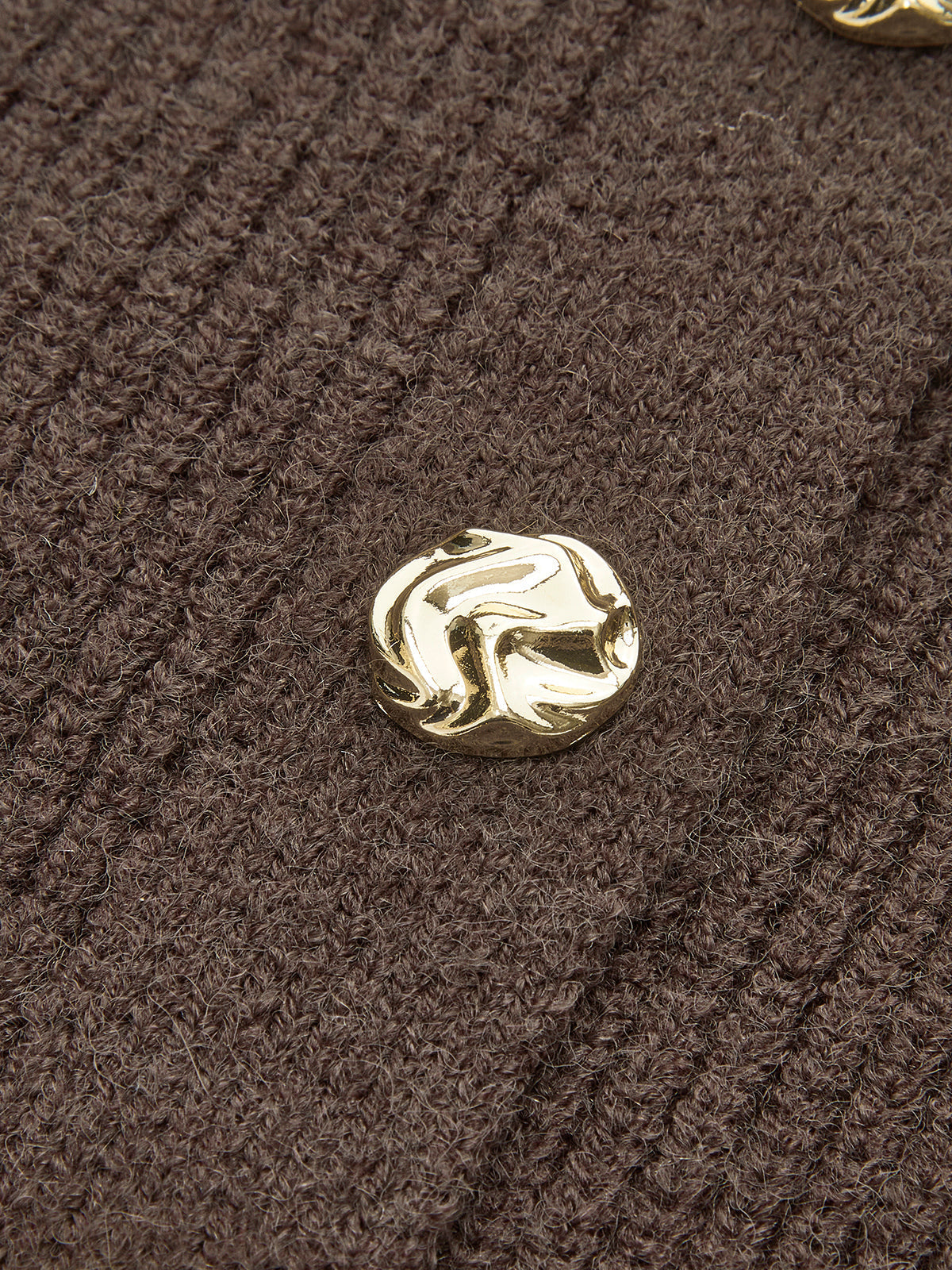 Düğmeli Yakalı Kısa Triko Hırka Koyu Kahverengi Metal Detaylı